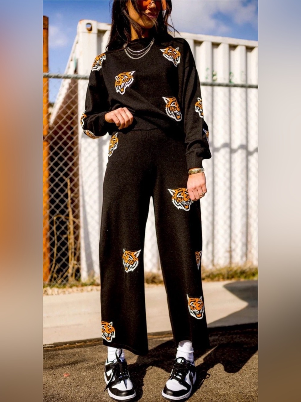 NEW LALA BLACK TIGER FIERCE FEMALE KNIT SWEATER PANTS PLAYSUIT SET SZ M